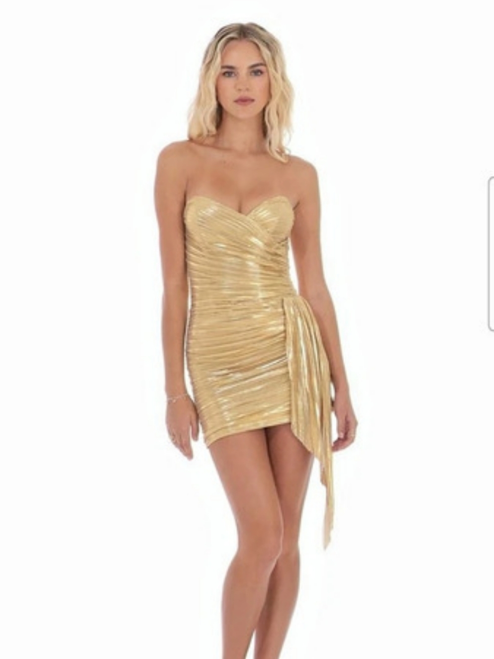 Lucy in the Sky Metallic Strapless Mini Dress in Gold